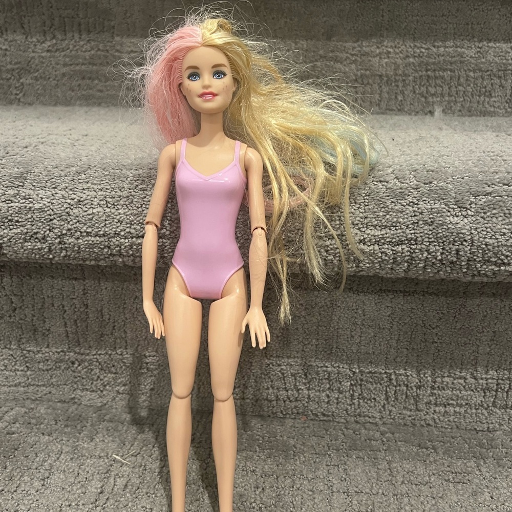Barbie Doll Pink Swimsuit Blue Eye Freckles Blond Hair Pink and Blue Highlights